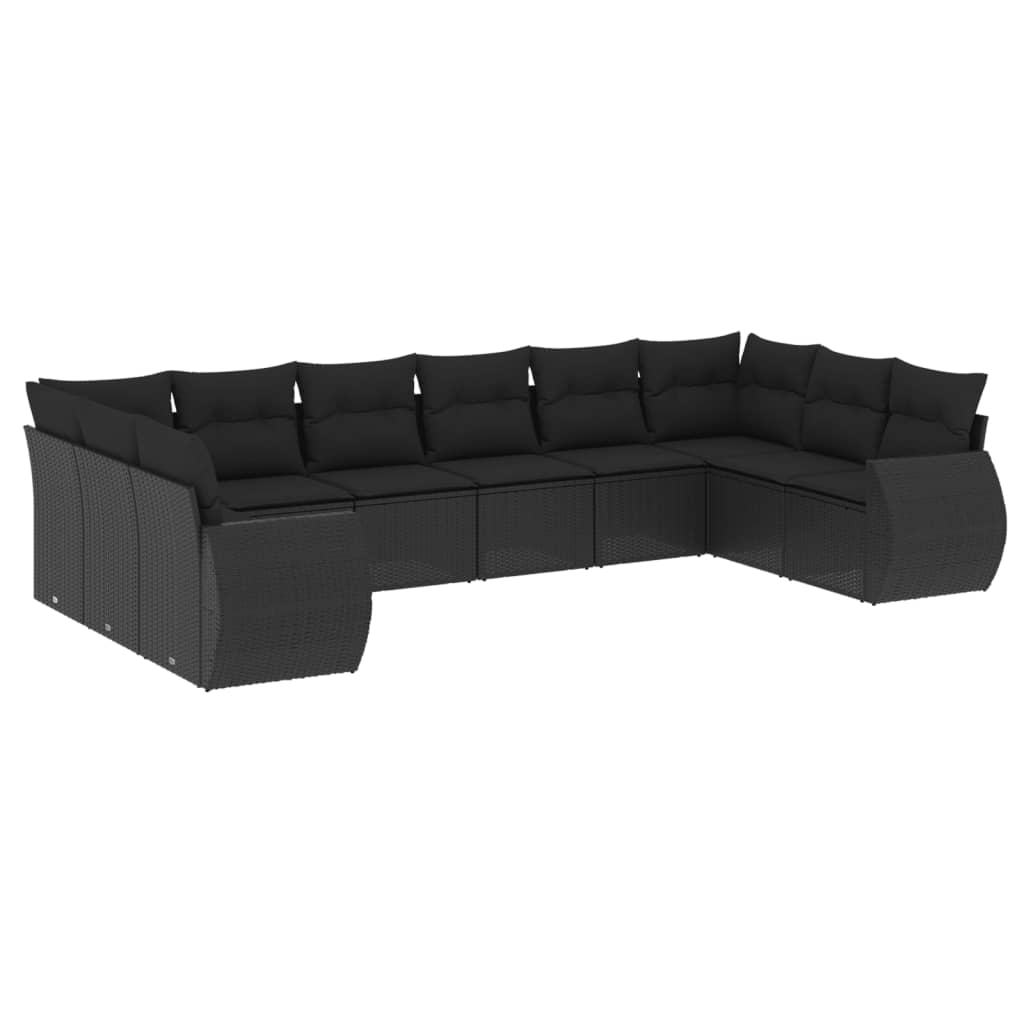 10 részes fekete polyrattan kerti ülőgarnitúra párnákkal 2