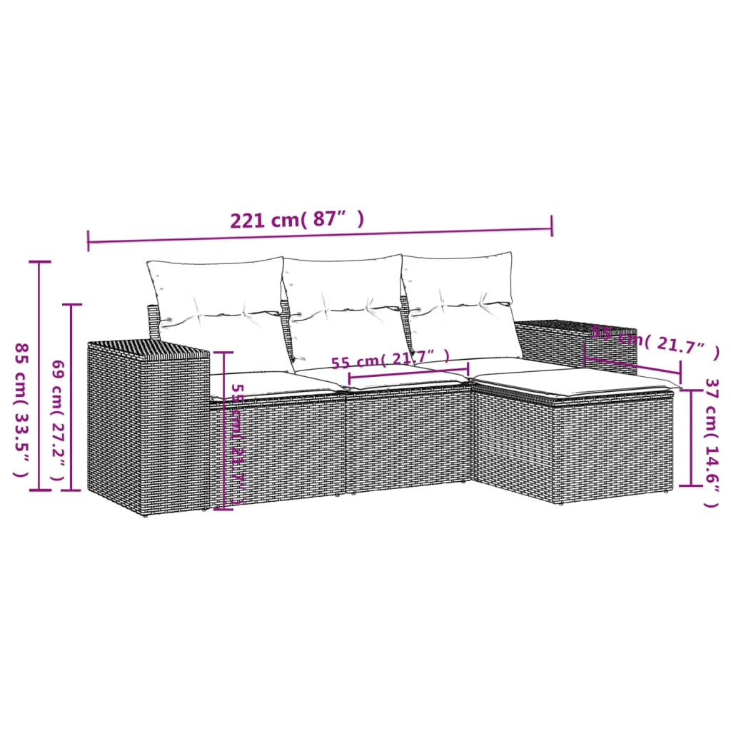 4 részes fekete polyrattan kerti ülőgarnitúra párnákkal 3