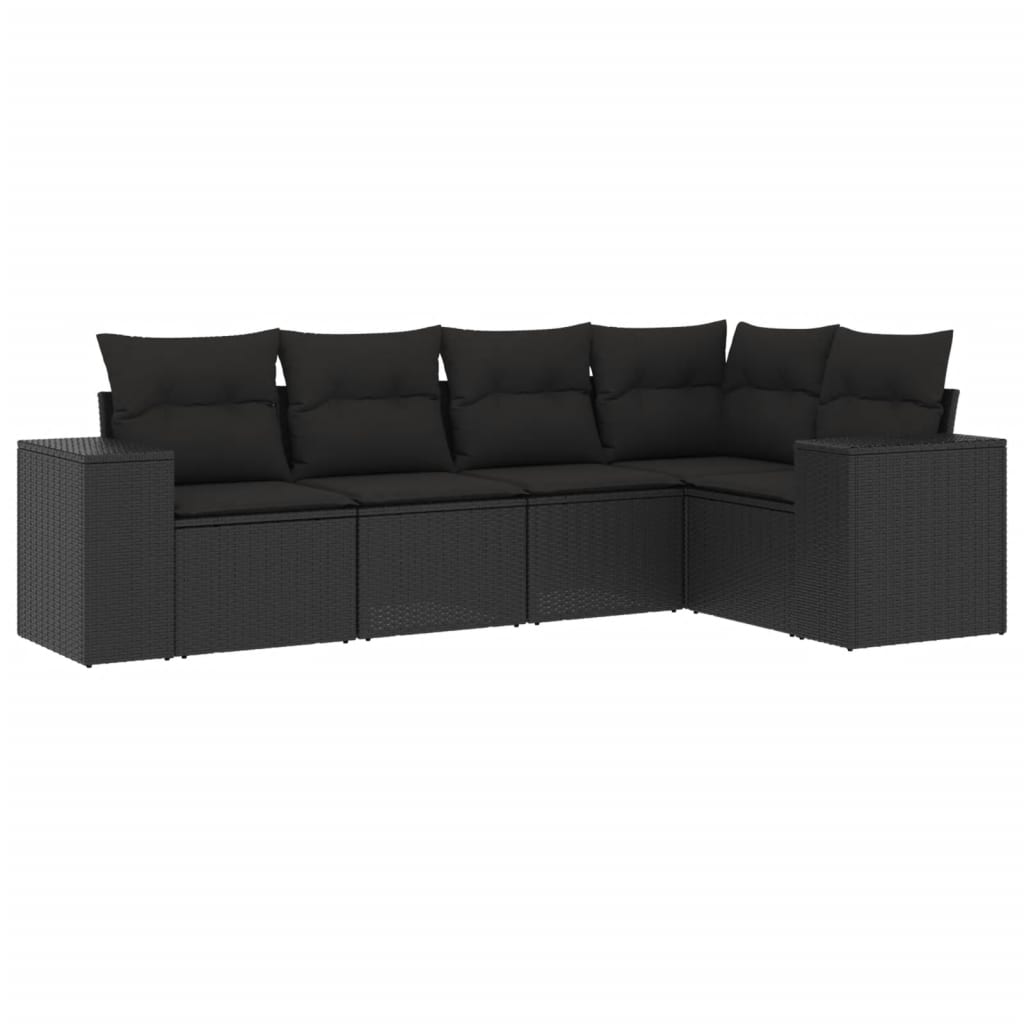 5 részes fekete polyrattan kerti kanapészett párnákkal 2