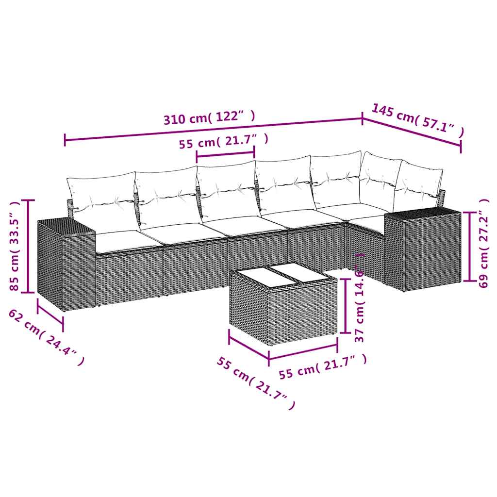 7 részes fekete polyrattan kerti ülőgarnitúra párnával 3