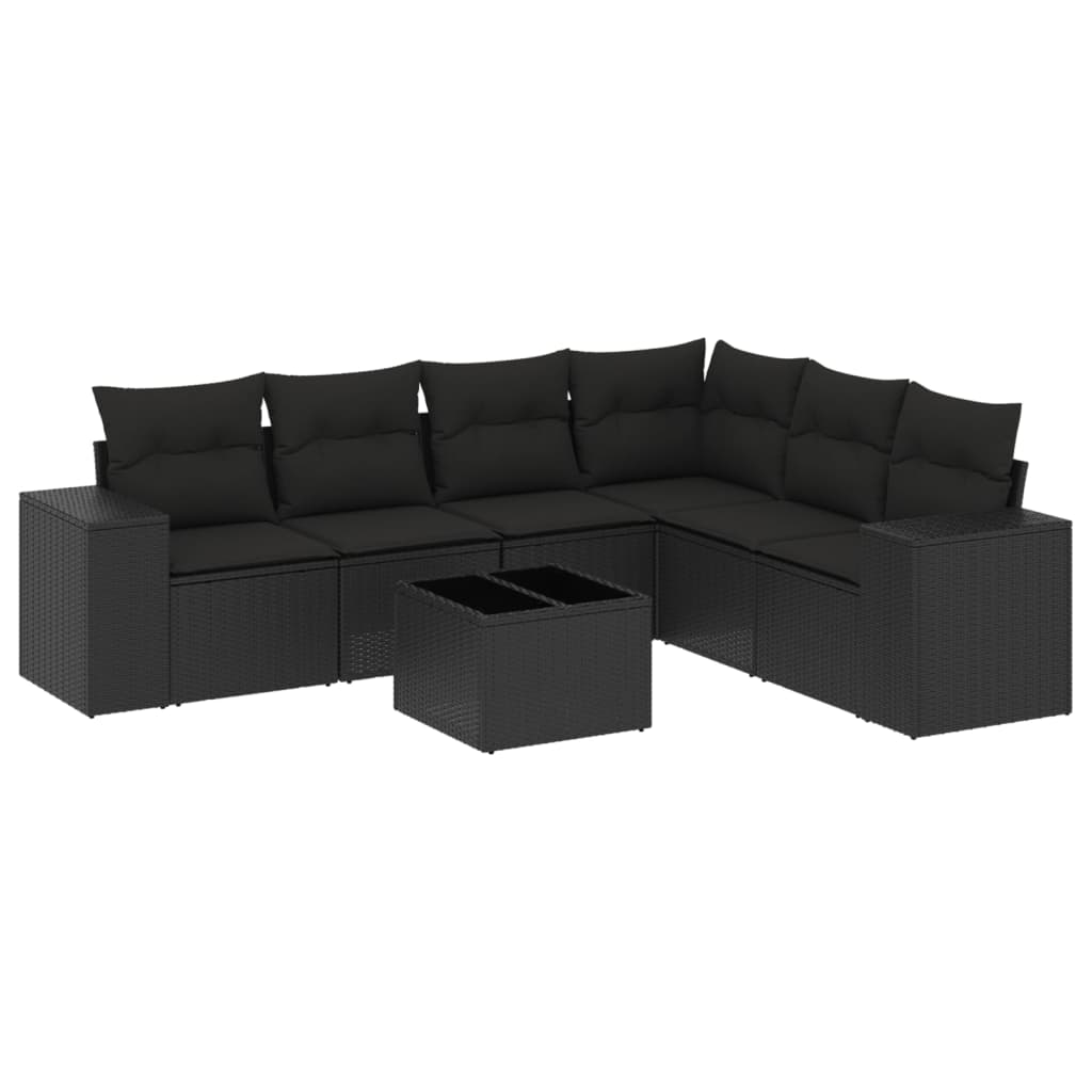 7 részes fekete polyrattan kerti ülőgarnitúra párnával 2