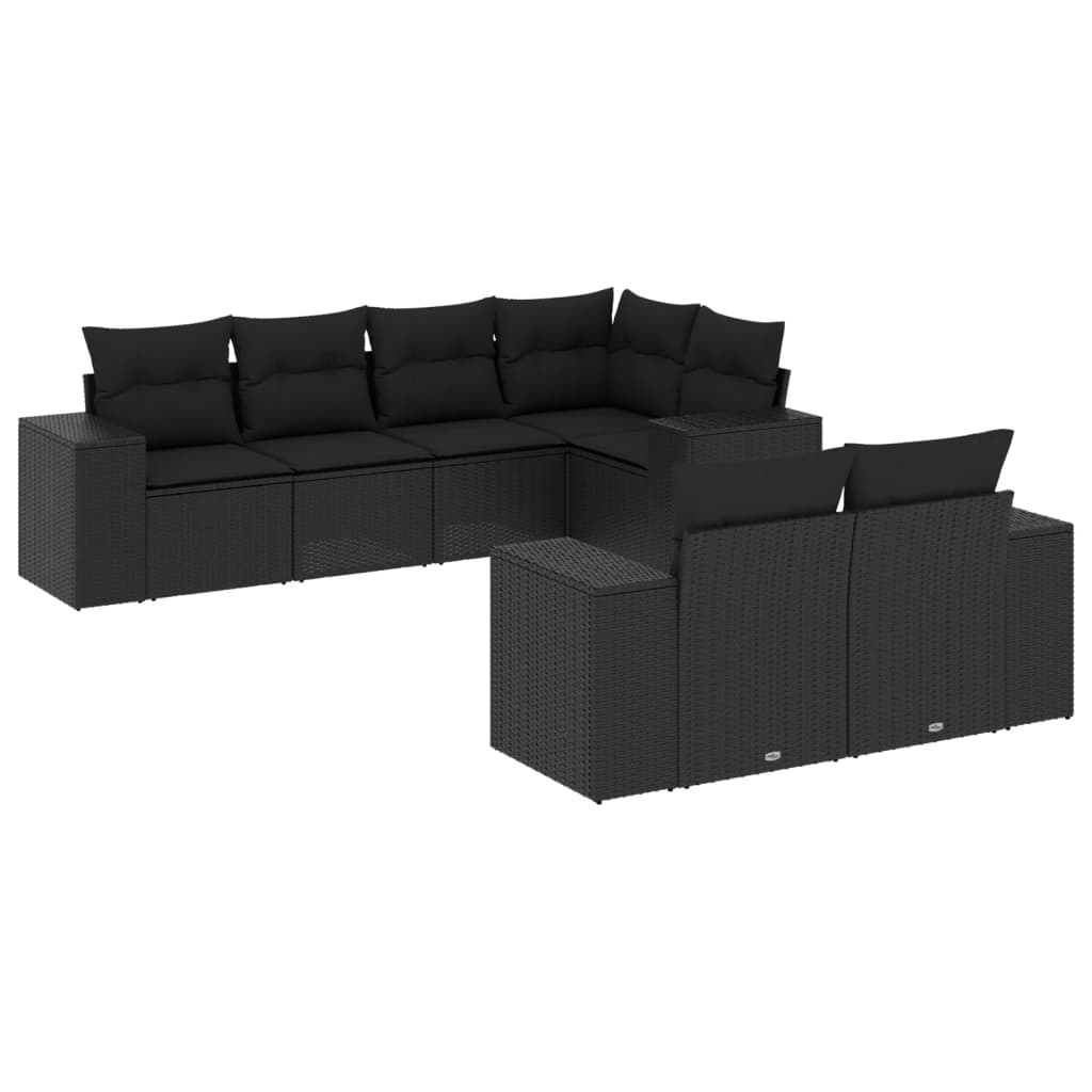 7 részes fekete polyrattan kerti ülőgarnitúra párnával 2
