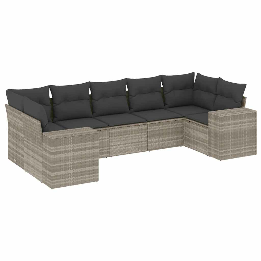 7 részes világosszürke polyrattan kerti ülőgarnitúra párnákkal 2
