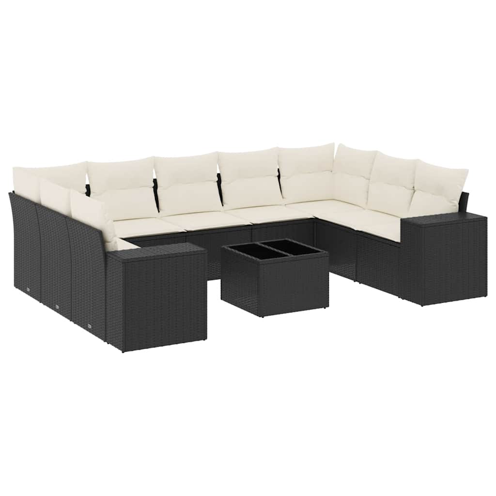 10 részes fekete polyrattan kerti ülőgarnitúra párnákkal 2