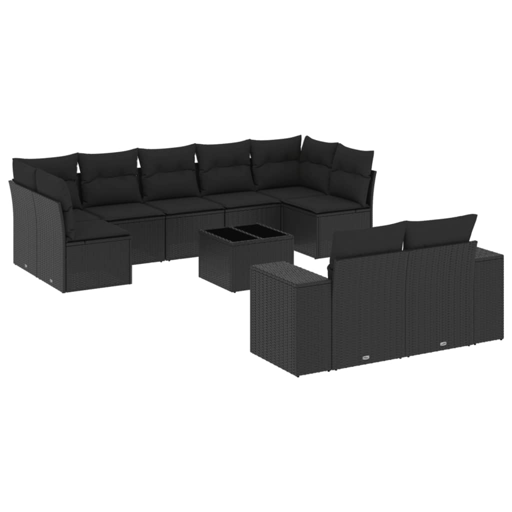 10 részes fekete polyrattan kerti ülőgarnitúra párnákkal 2