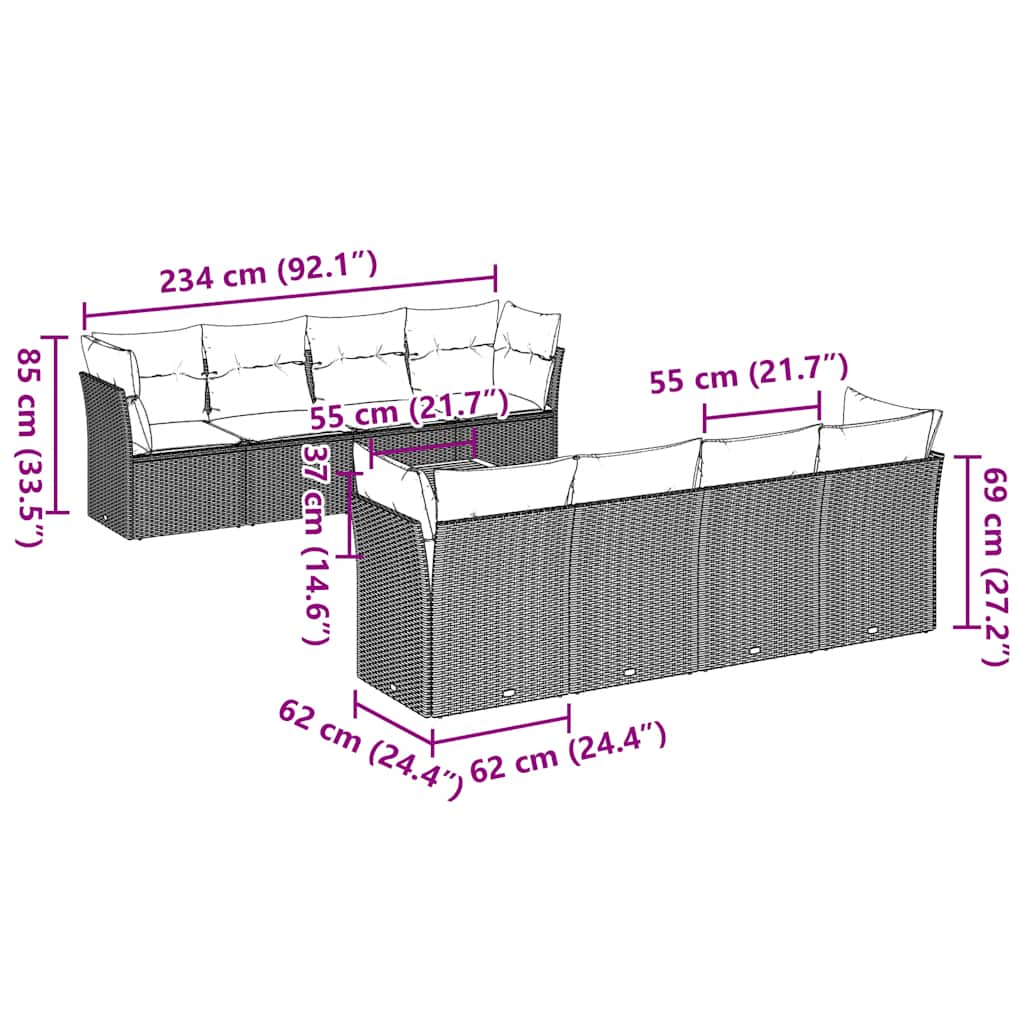 9 részes szürke polyrattan kerti ülőgarnitúra párnával 10