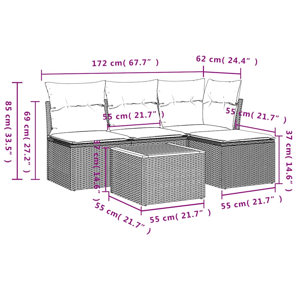 5 db szürke polyrattan kerti kanapégarnitúra párnákkal 11