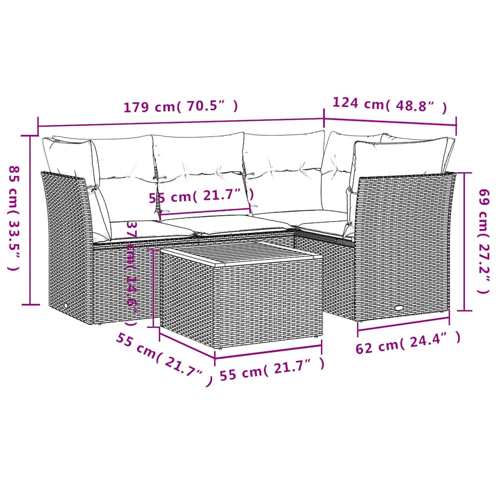 5 részes szürke polyrattan kerti ülőgarnitúra párnával 10