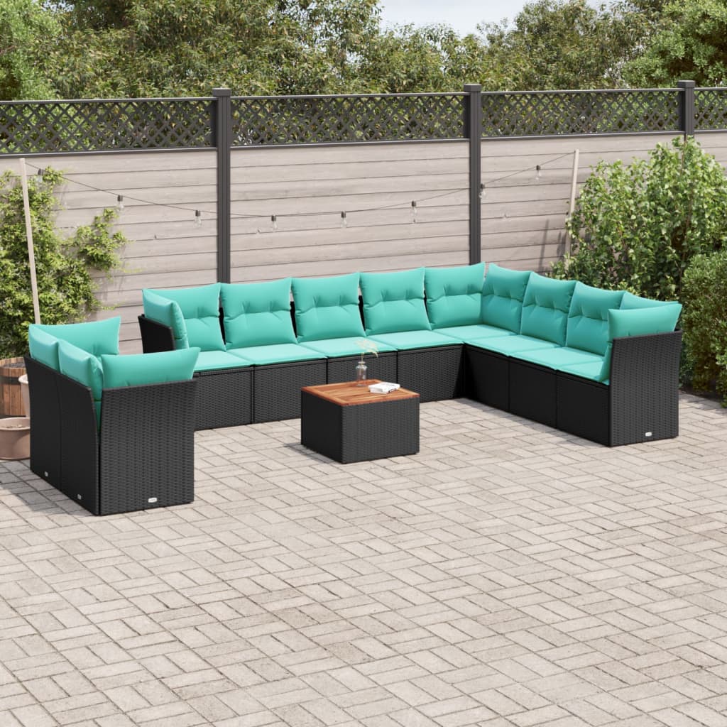 11 részes fekete polyrattan kerti ülőgarnitúra párnákkal