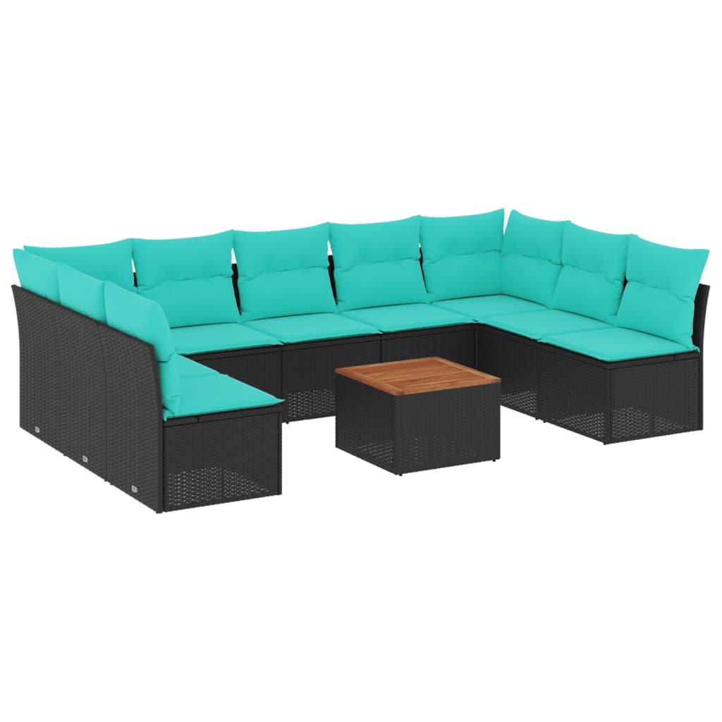 10 részes fekete polyrattan kerti ülőgarnitúra párnával 2