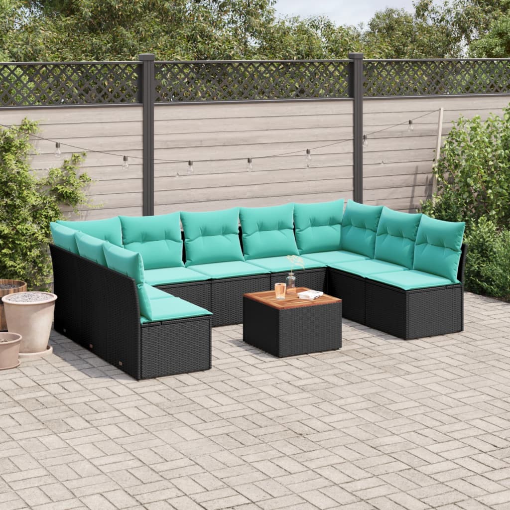 10 részes fekete polyrattan kerti ülőgarnitúra párnával
