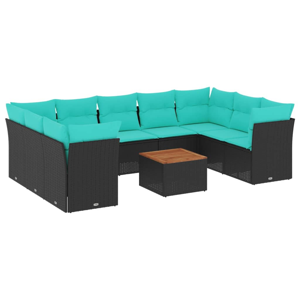 10 részes fekete polyrattan kerti ülőgarnitúra párnával 2