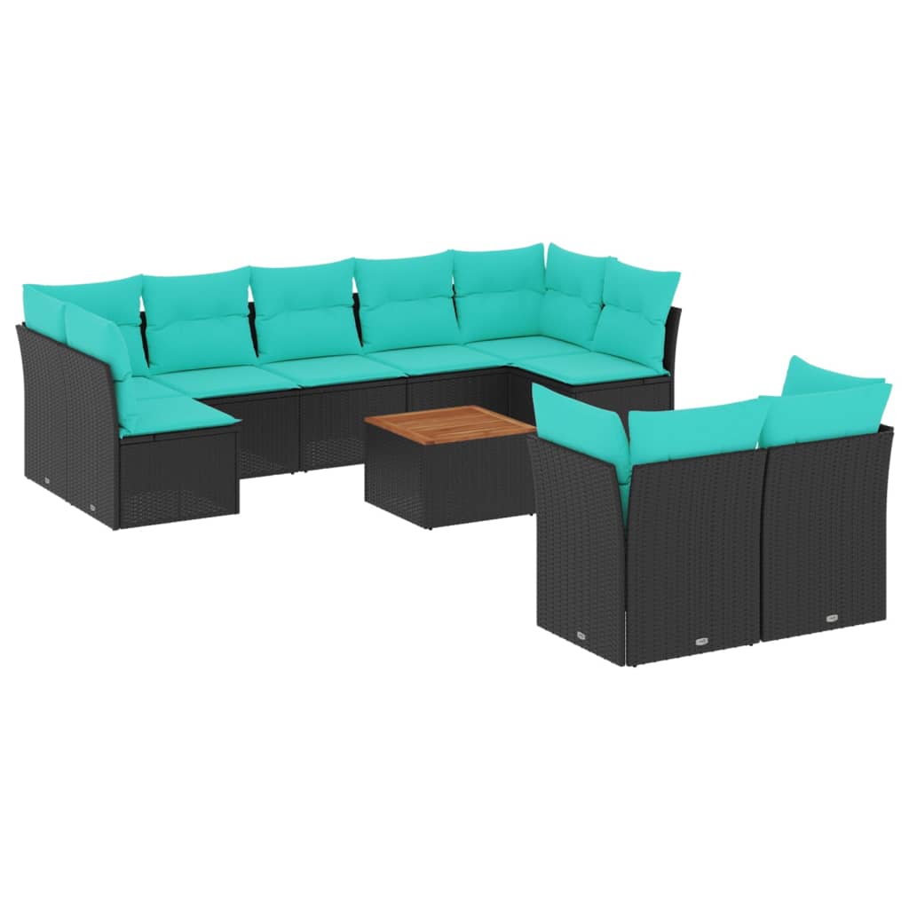10 részes fekete polyrattan kerti ülőgarnitúra párnával 2