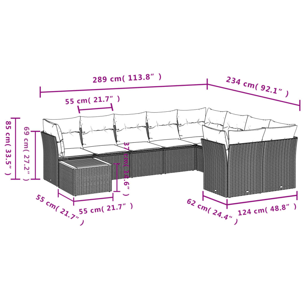 10 részes fekete polyrattan kerti ülőgarnitúra párnával 10
