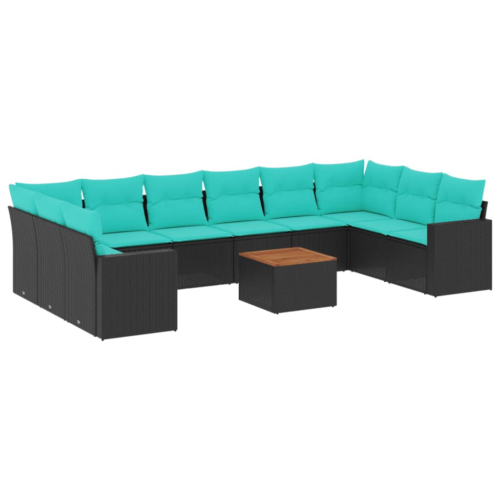 11 részes fekete polyrattan kerti ülőgarnitúra párnákkal 2