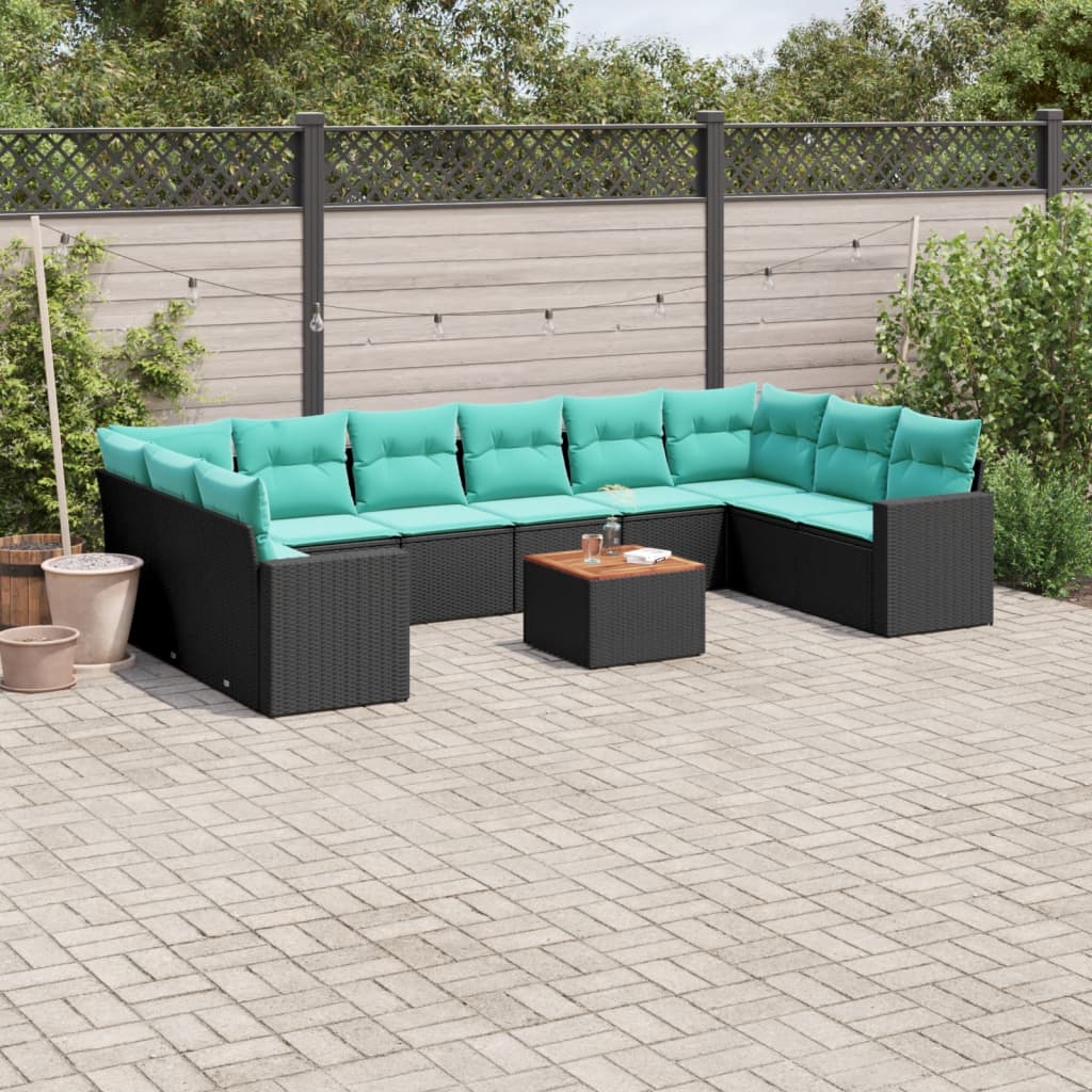 11 részes fekete polyrattan kerti ülőgarnitúra párnákkal
