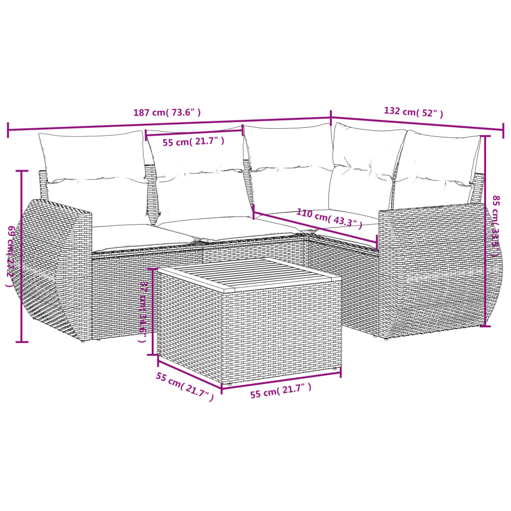 5 részes bézs polyrattan kerti ülőgarnitúra párnákkal 3