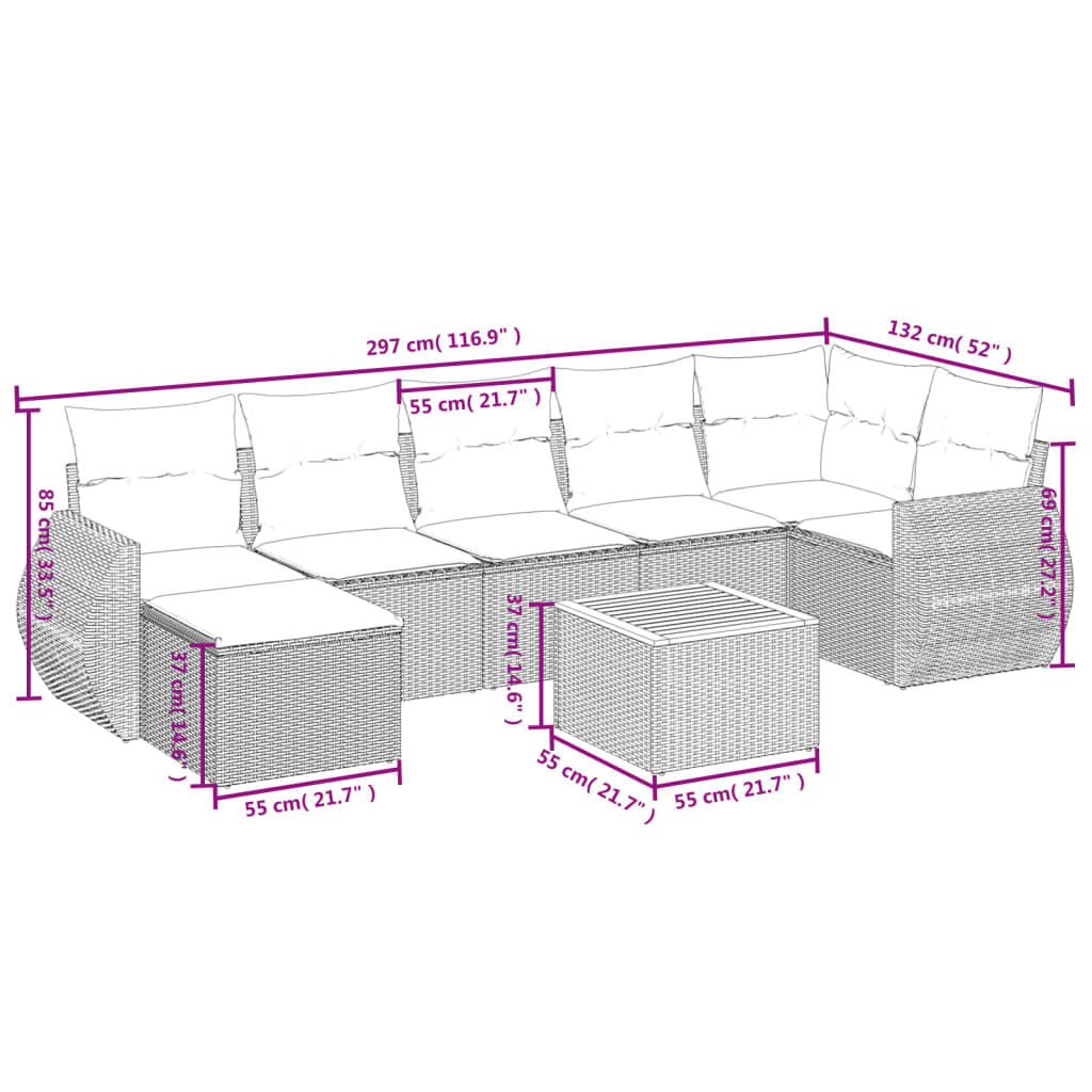 8 részes fekete polyrattan kerti ülőgarnitúra párnákkal 3