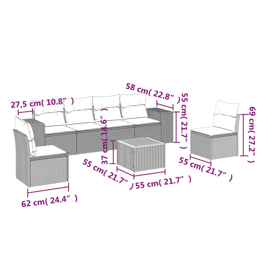 7 részes bézs polyrattan kerti ülőgarnitúra párnákkal 3