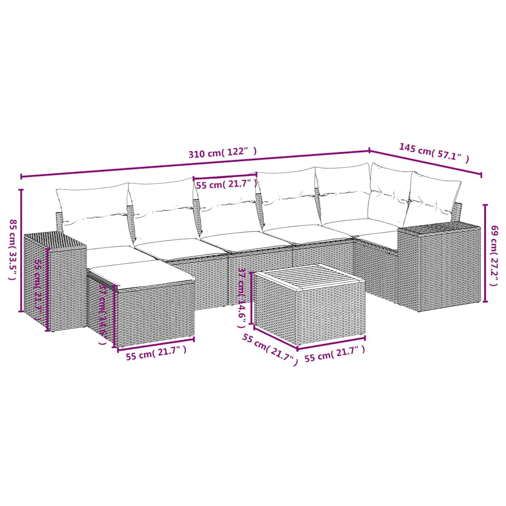 8 részes fekete polyrattan kerti ülőgarnitúra párnákkal 3