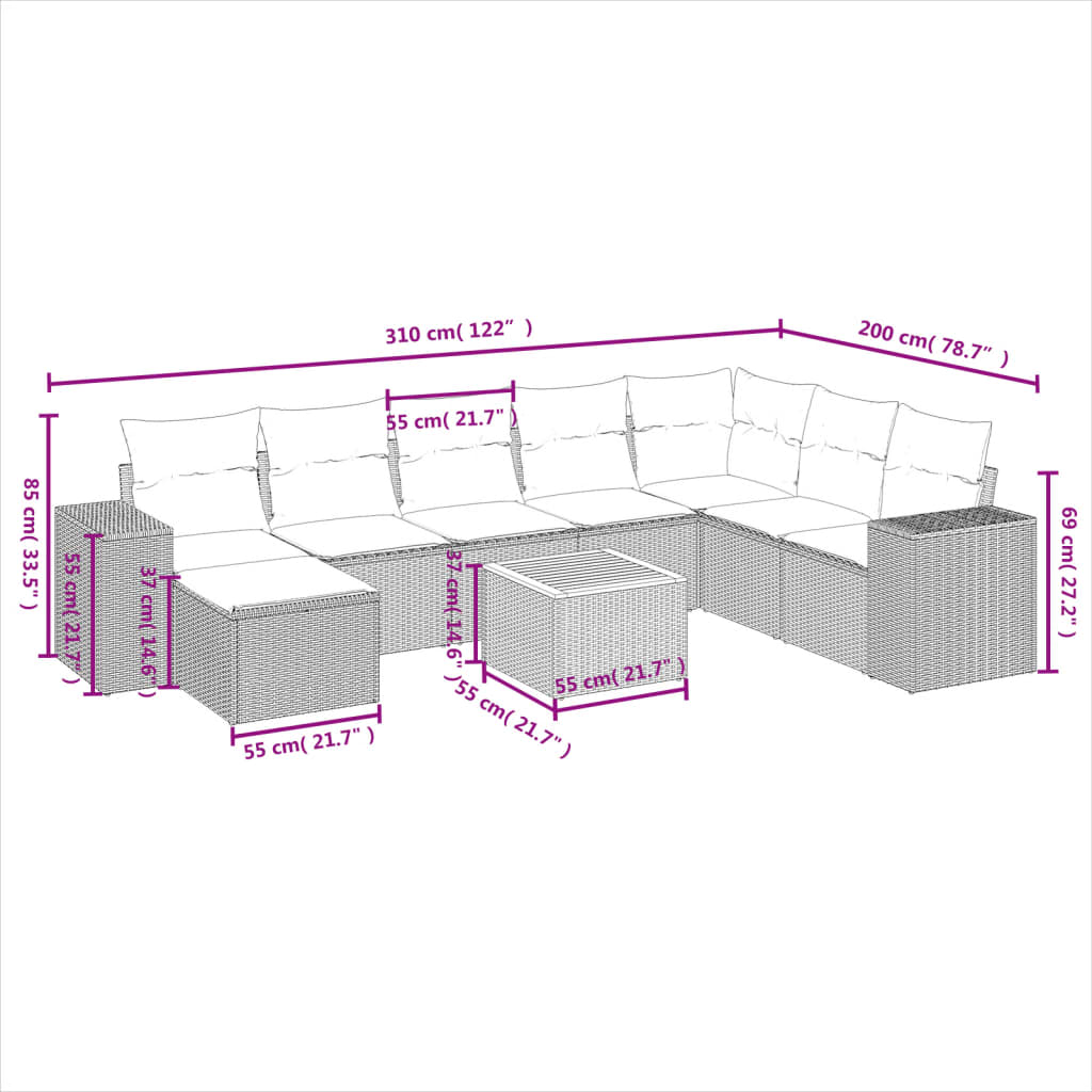 9 részes fekete polyrattan kerti ülőgarnitúra párnákkal 3