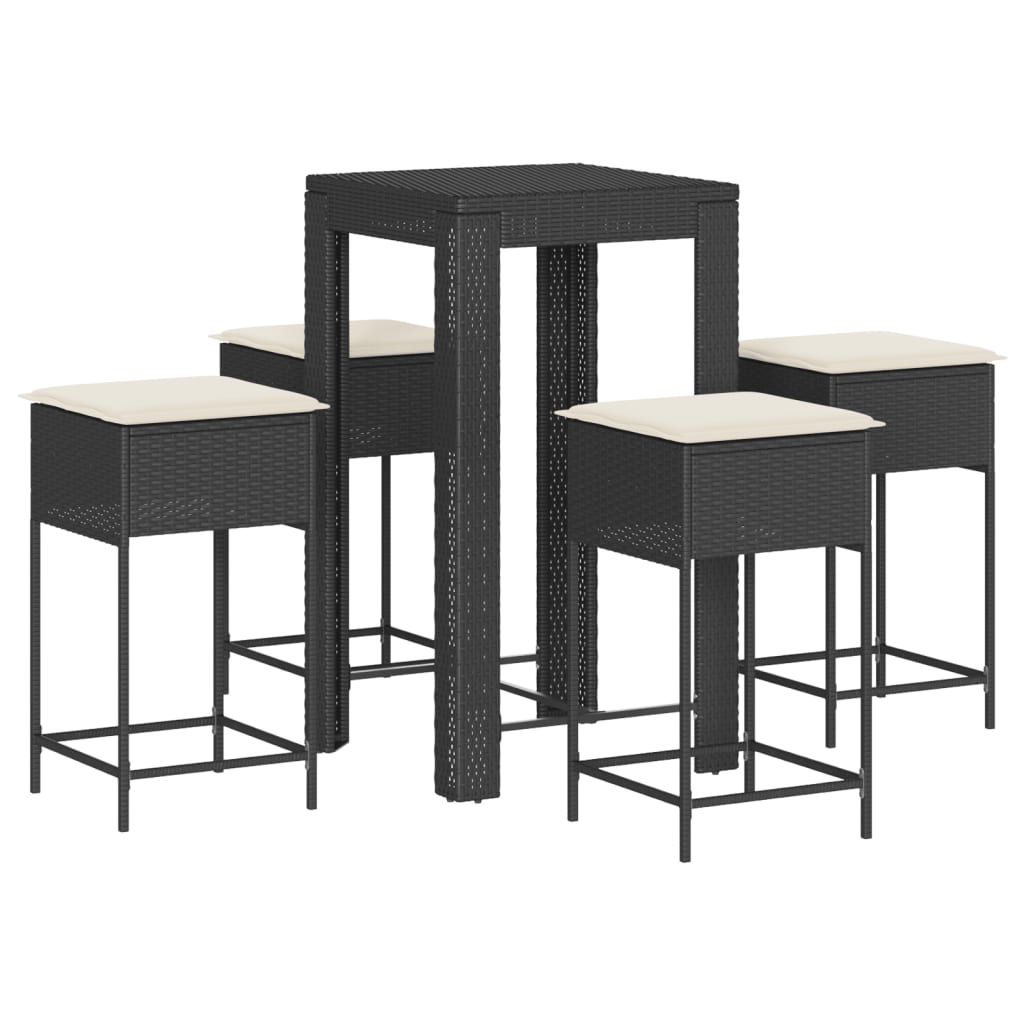 5 részes fekete polyrattan kerti bárszett párnával 2