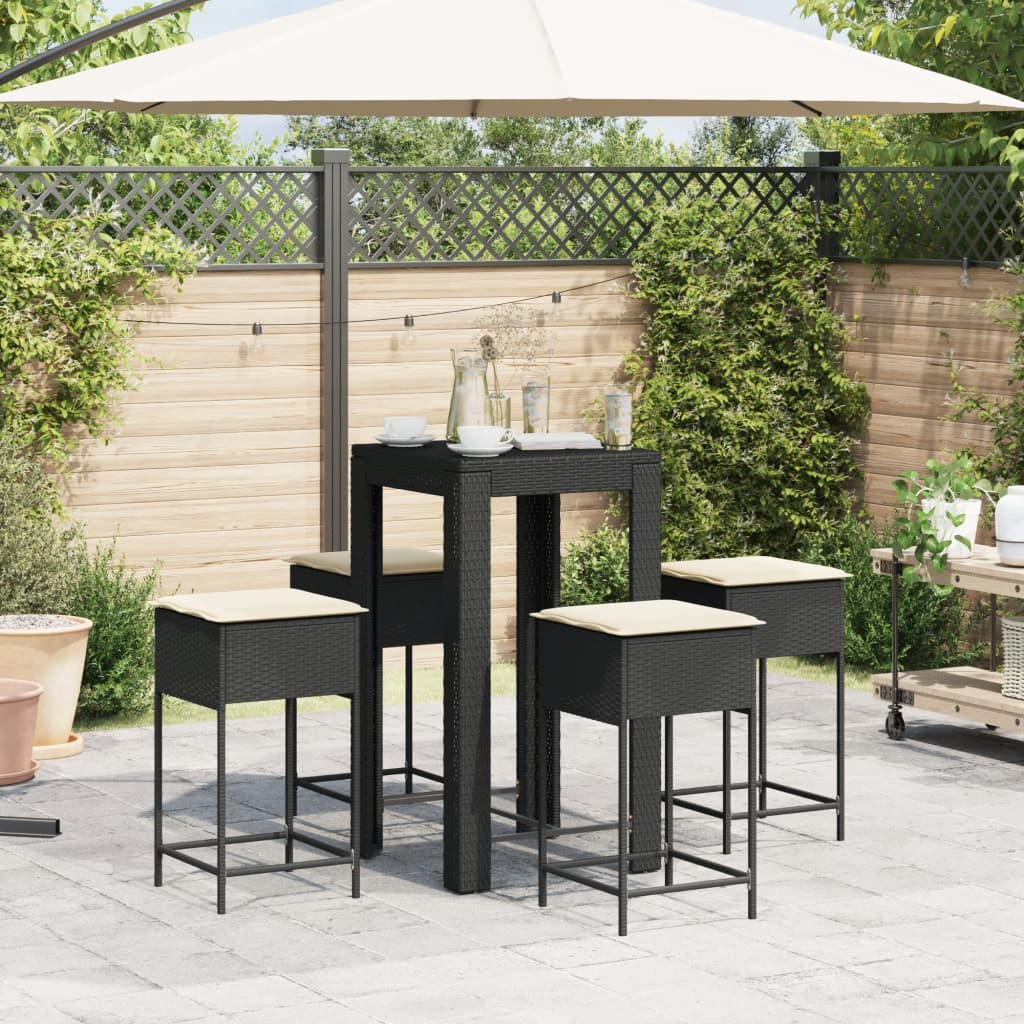 5 részes fekete polyrattan kerti bárszett párnával 3