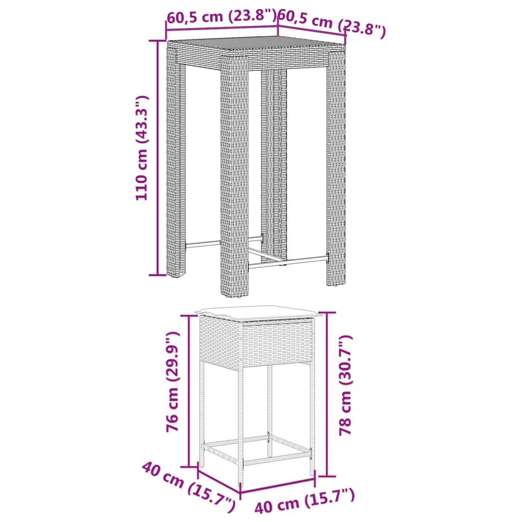 5 részes fekete polyrattan kerti bárszett párnával 8