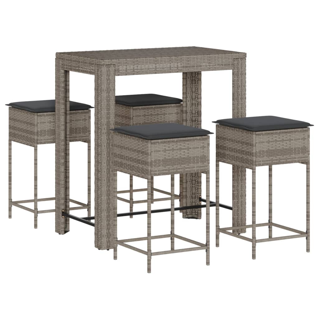 5 részes szürke polyrattan kerti bárszett párnákkal 2