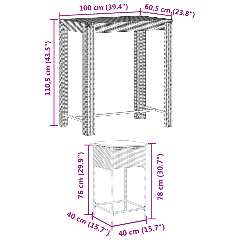 5 részes szürke polyrattan kerti bárszett párnákkal 8