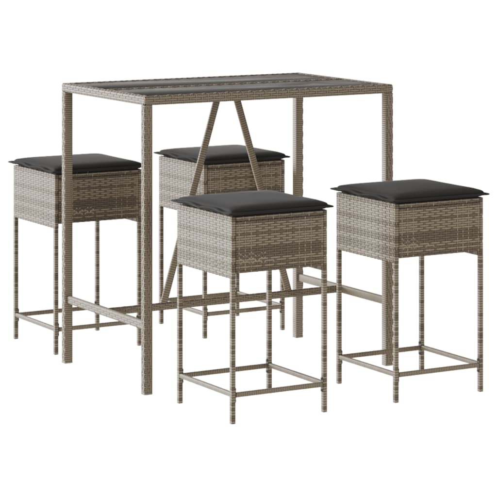 5 részes szürke polyrattan kerti bárszett párnákkal 2