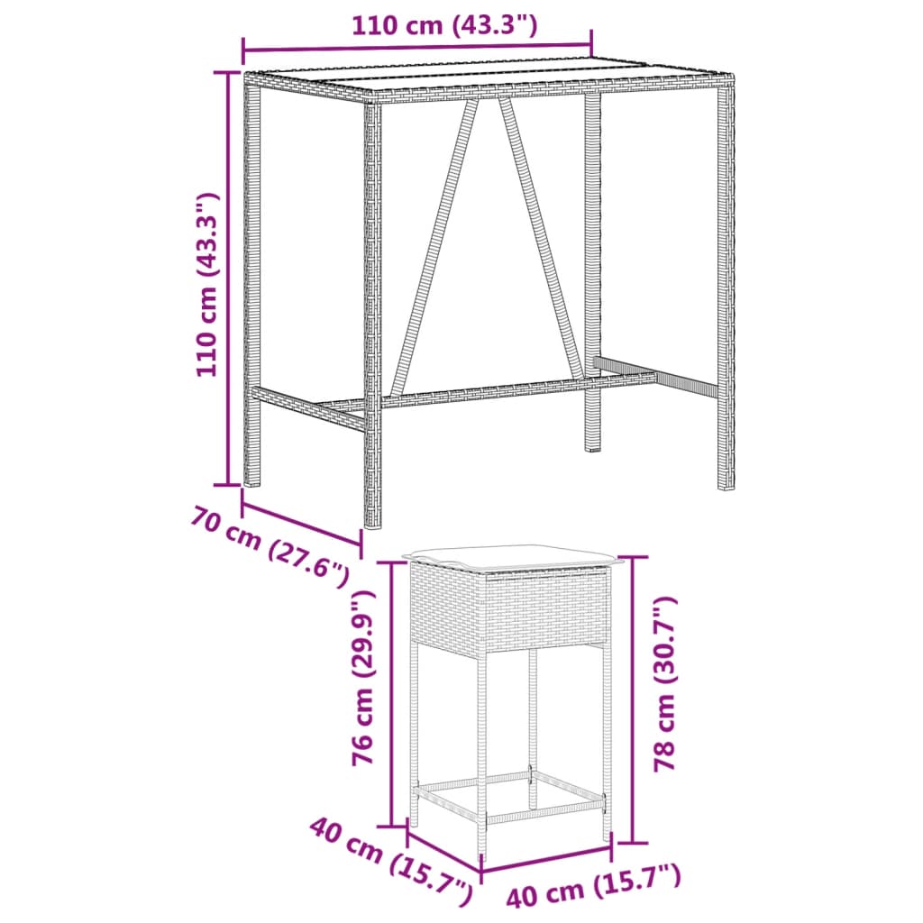 5 részes szürke polyrattan kerti bárszett párnákkal 8