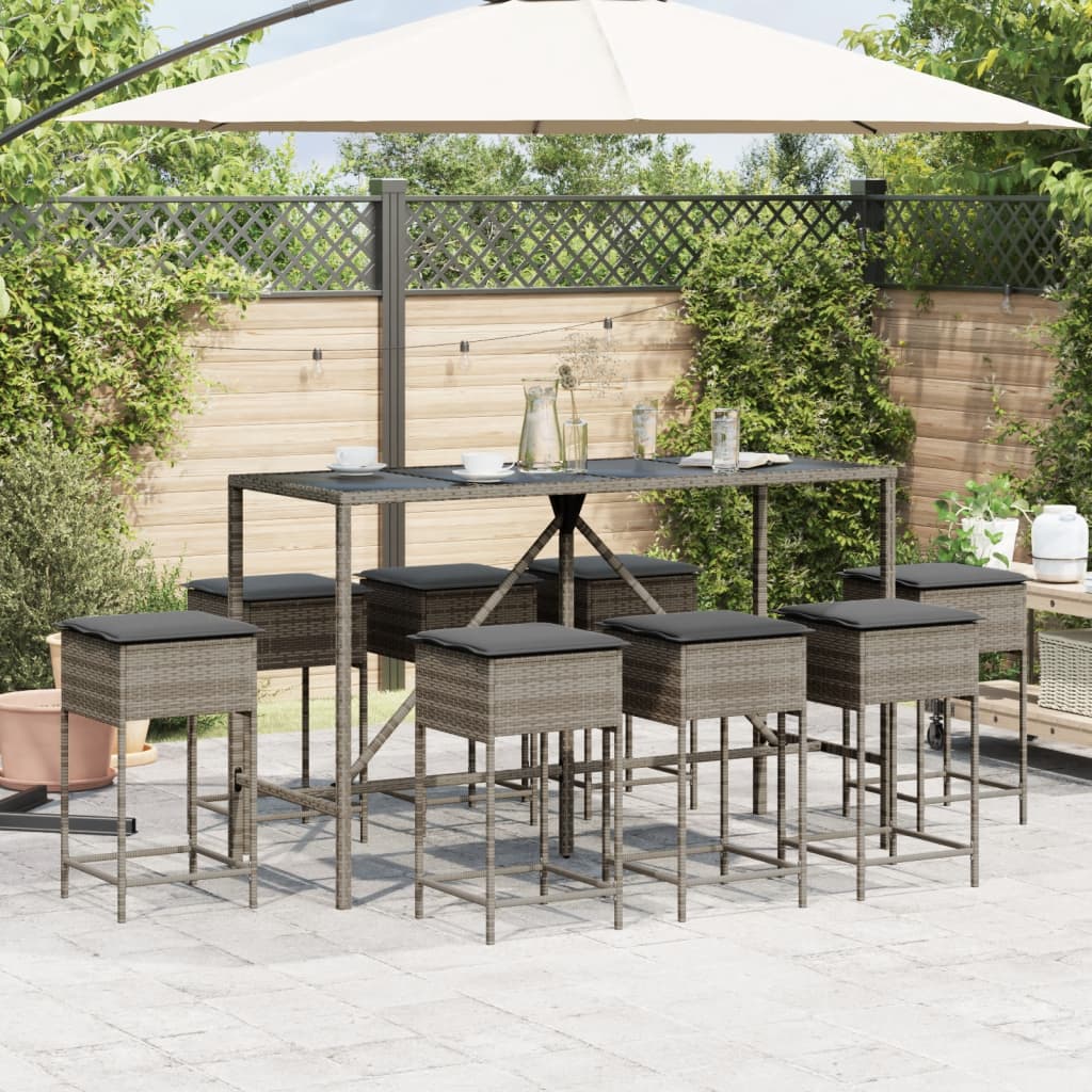 9 részes szürke polyrattan kerti bárszett párnával 3