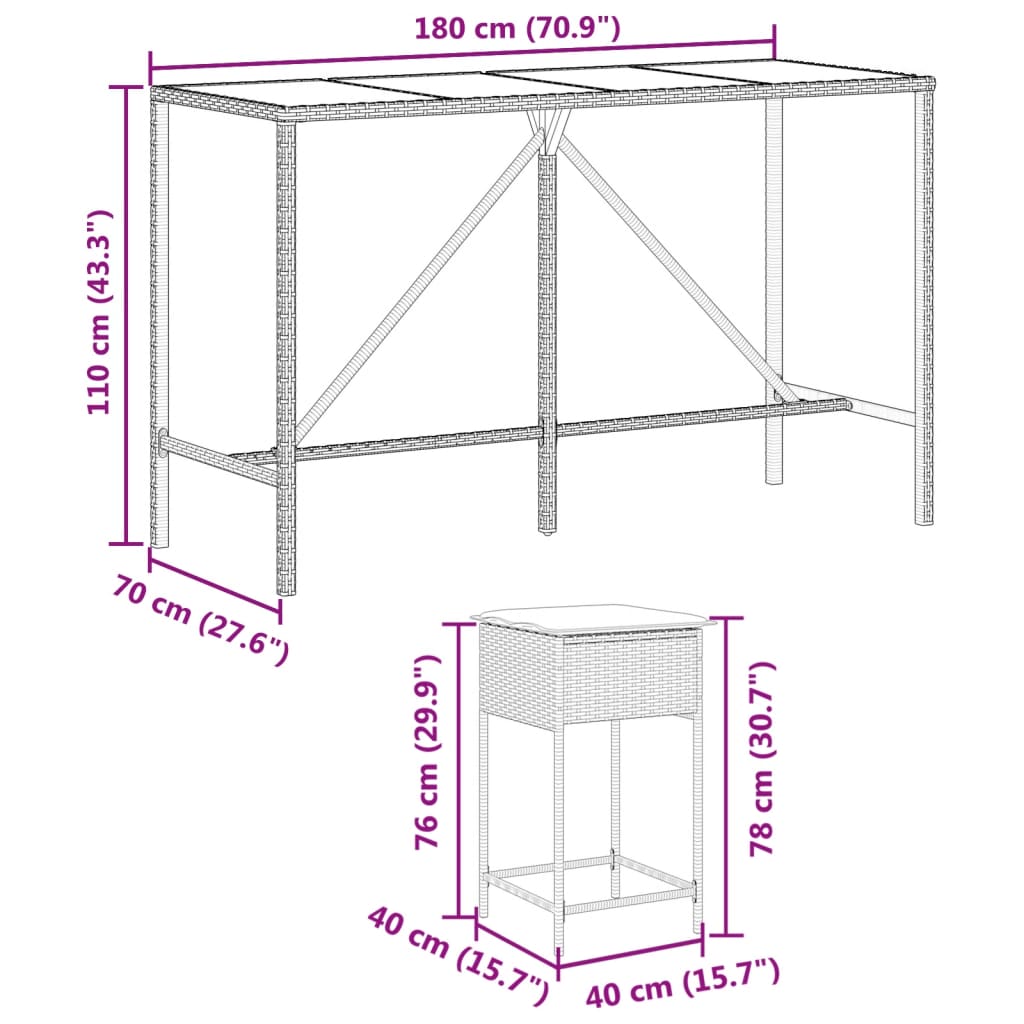 9 részes szürke polyrattan kerti bárszett párnával 8