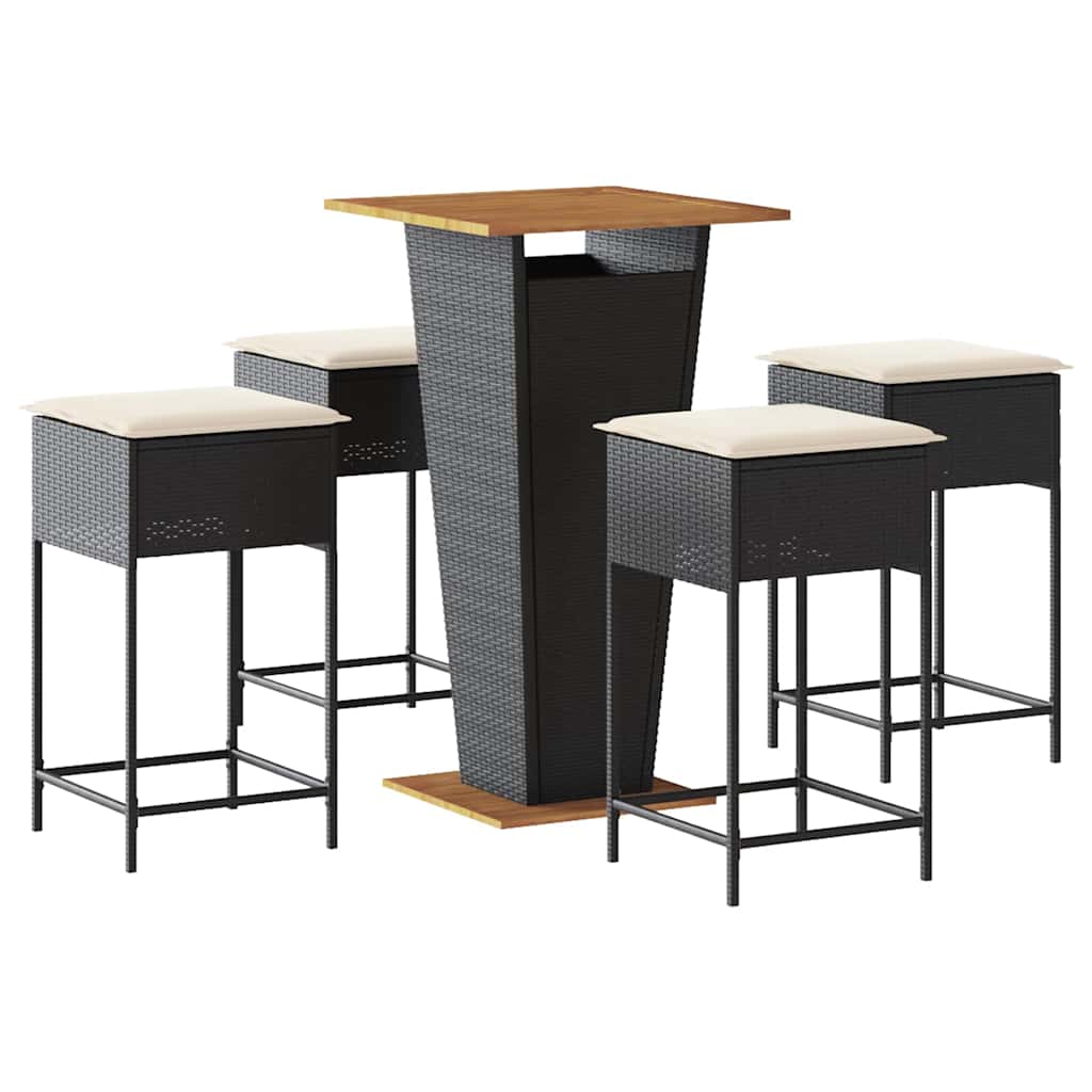 5 részes fekete polyrattan kerti bárszett párnával 2