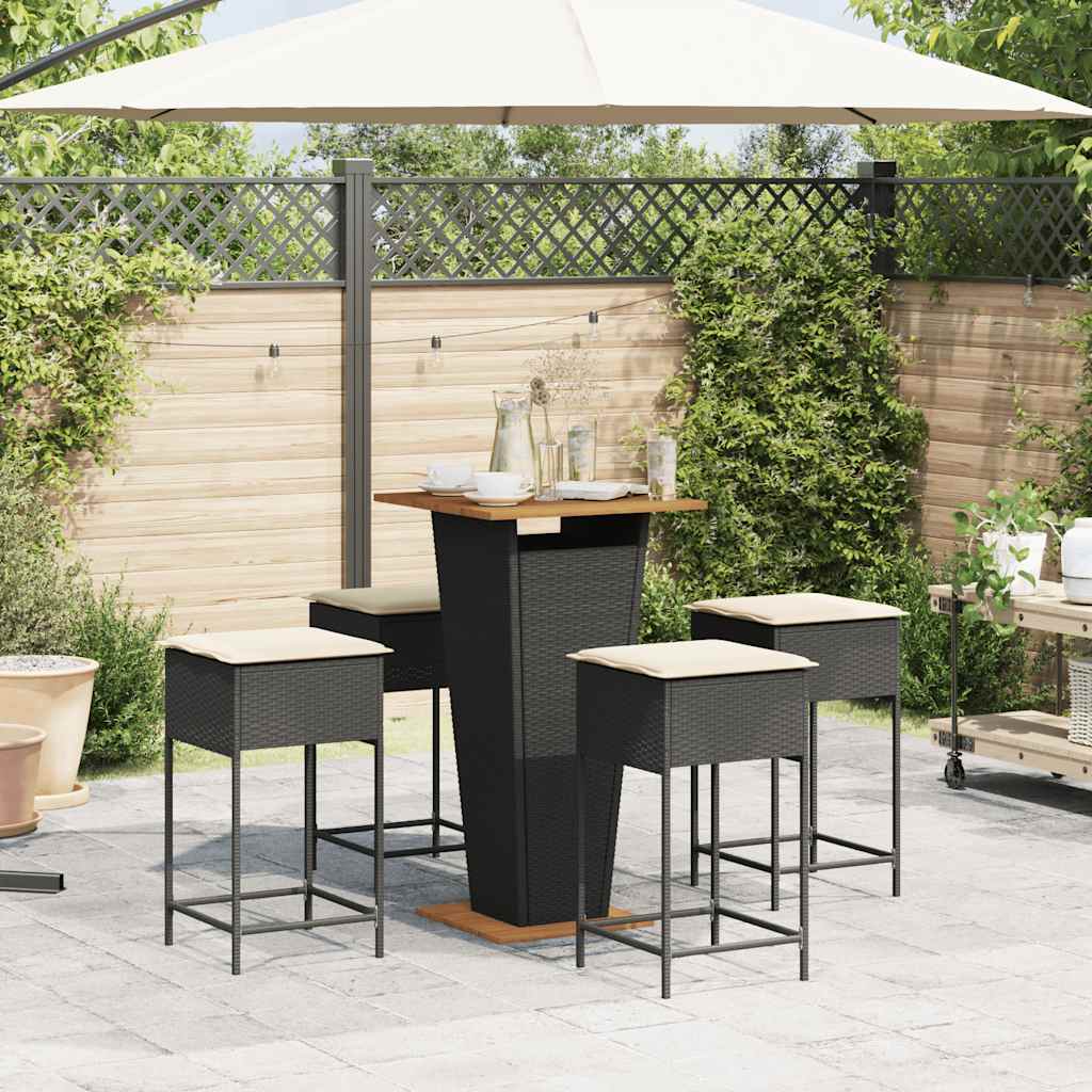 5 részes fekete polyrattan kerti bárszett párnával 3