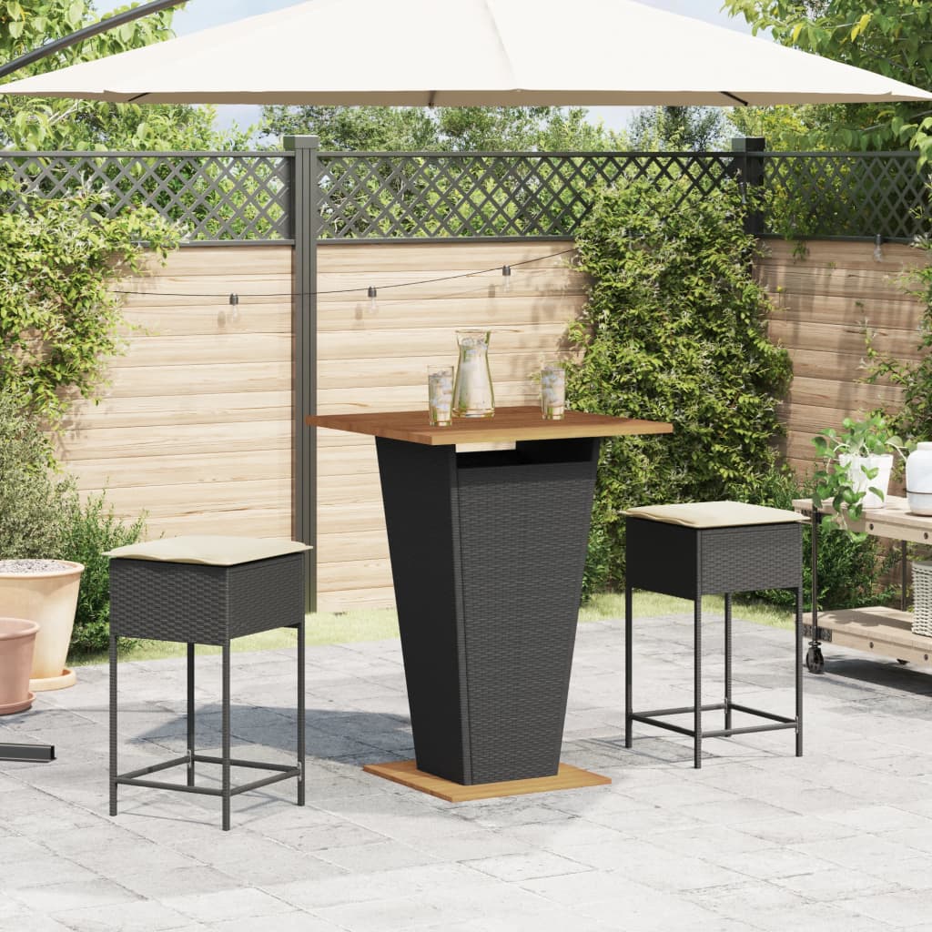 3 részes fekete polyrattan kerti bárszett párnával 3