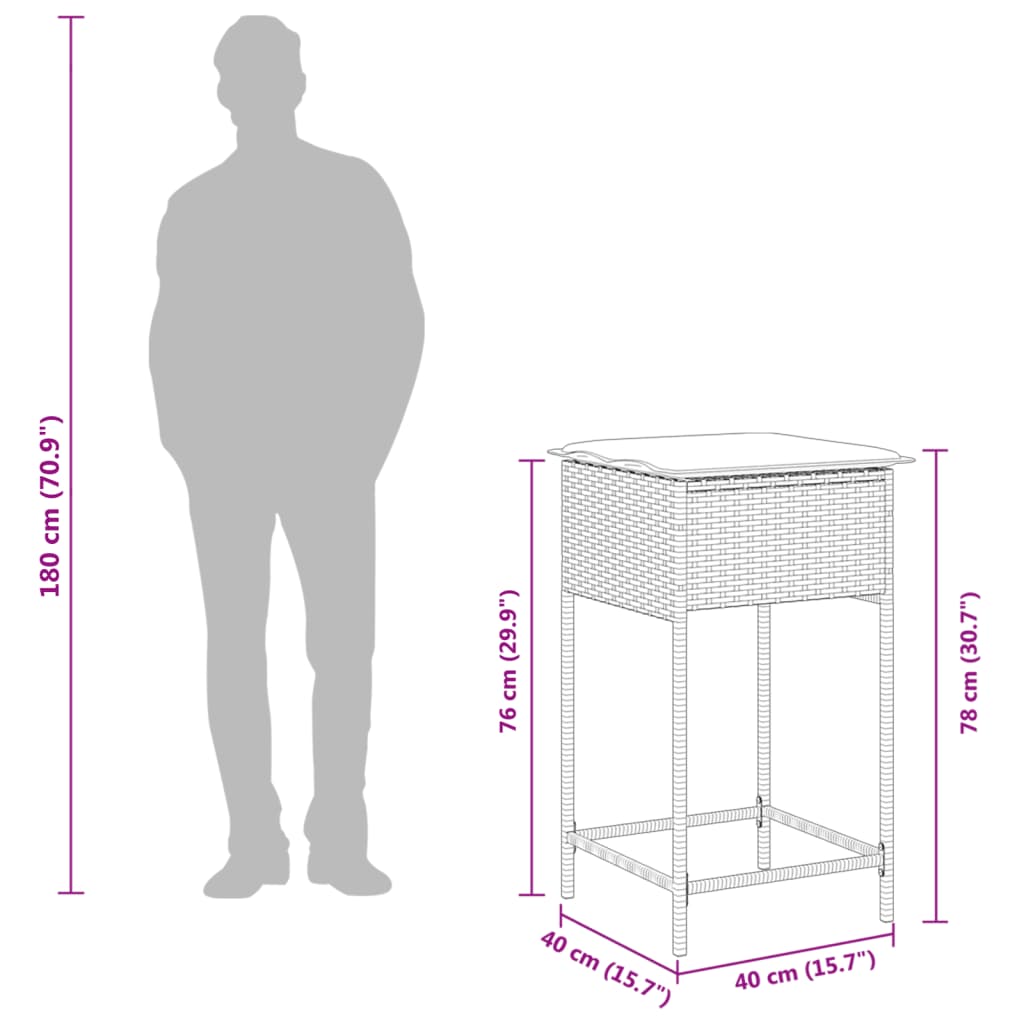 3 részes fekete polyrattan kerti bárszett párnával 9