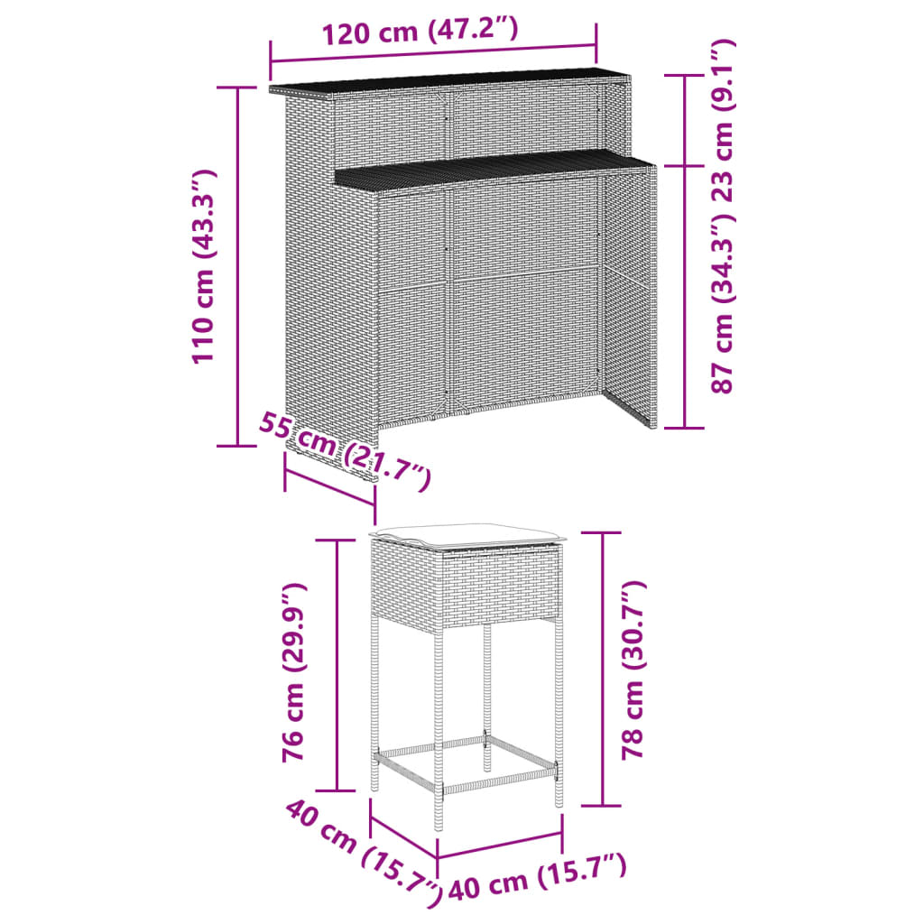 5 részes szürke polyrattan kerti bárszett párnákkal 8