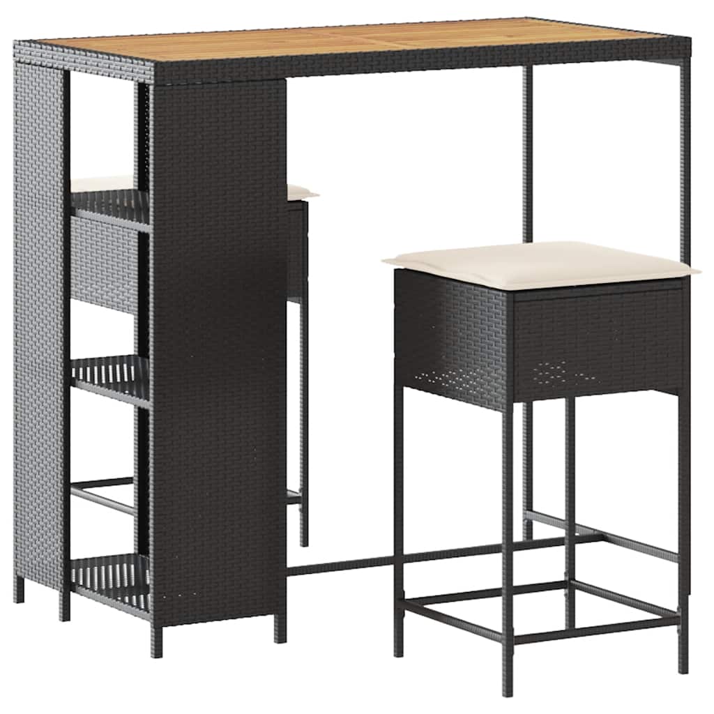 3 részes fekete polyrattan kerti bárszett párnával 2