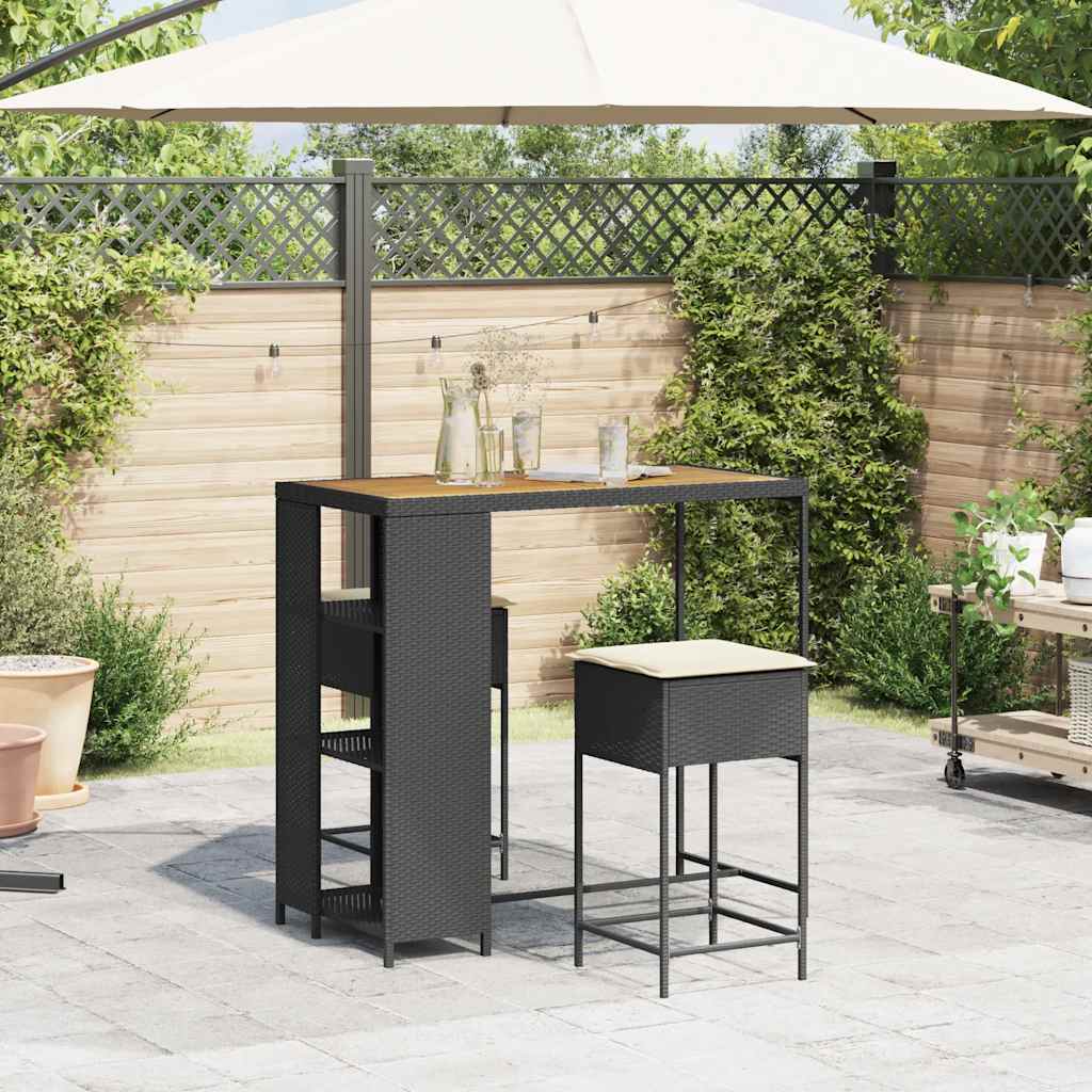 3 részes fekete polyrattan kerti bárszett párnával 3