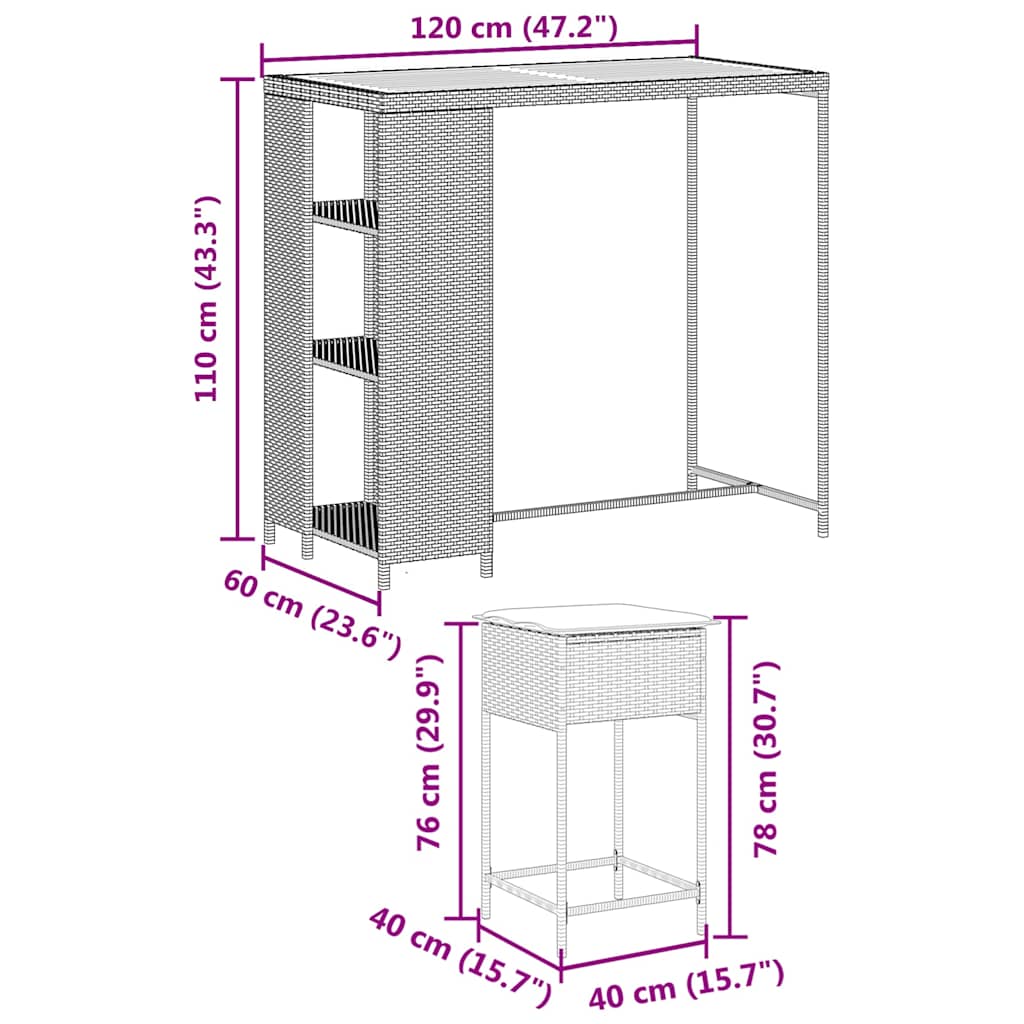 3 részes fekete polyrattan kerti bárszett párnával 8