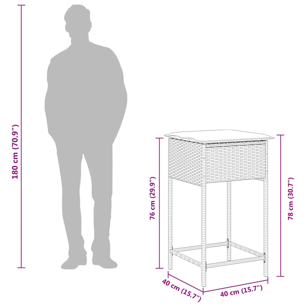 3 részes fekete polyrattan kerti bárszett párnával 9