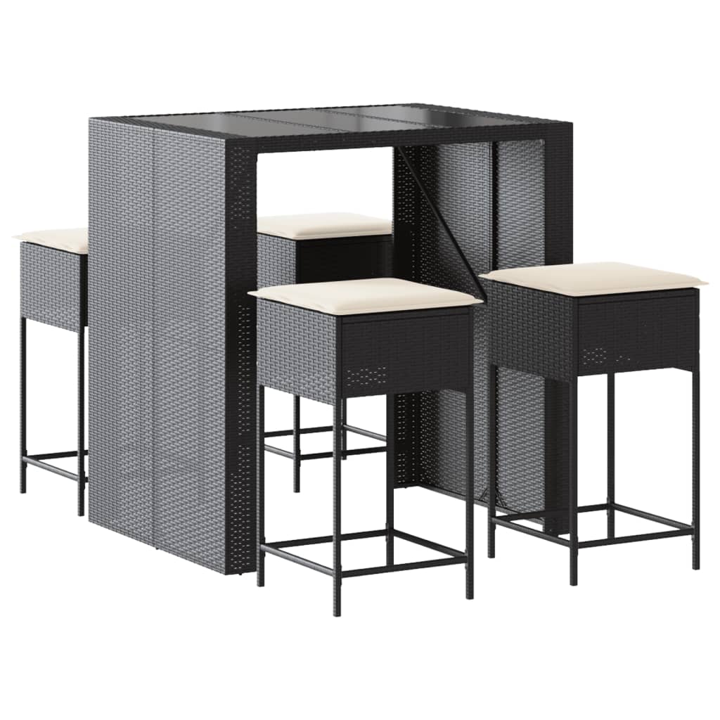 5 részes fekete polyrattan kerti bárszett párnával 2