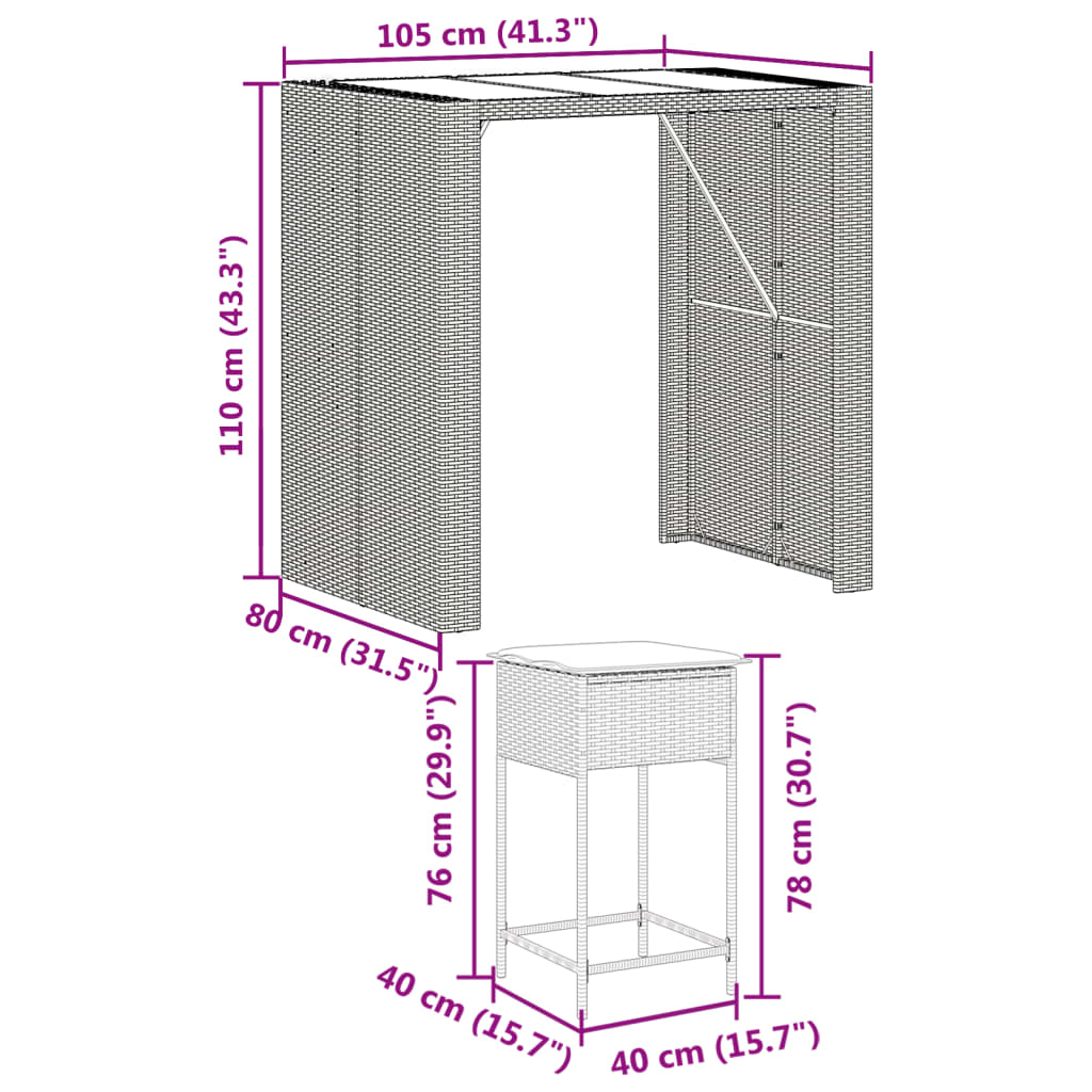 5 részes fekete polyrattan kerti bárszett párnával 8