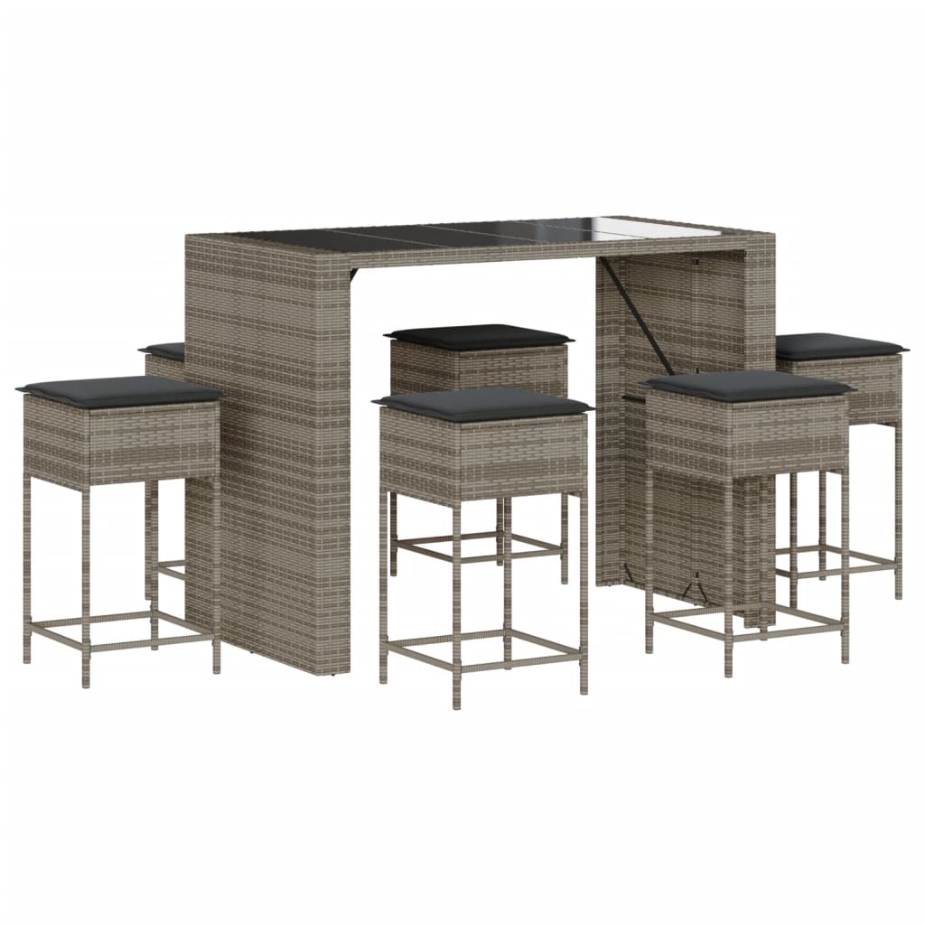 7 részes szürke polyrattan kerti bárszett párnákkal 2