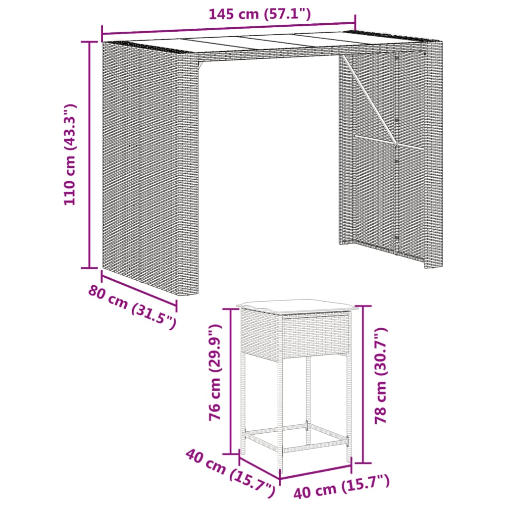7 részes szürke polyrattan kerti bárszett párnákkal 8