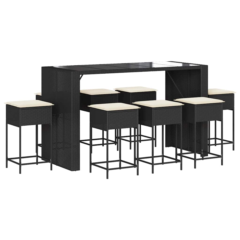 9 részes fekete polyrattan kerti bárszett párnával 2