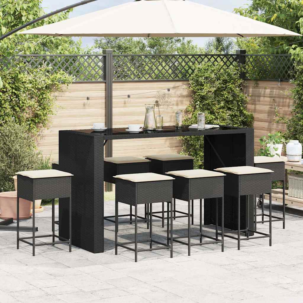 9 részes fekete polyrattan kerti bárszett párnával 3