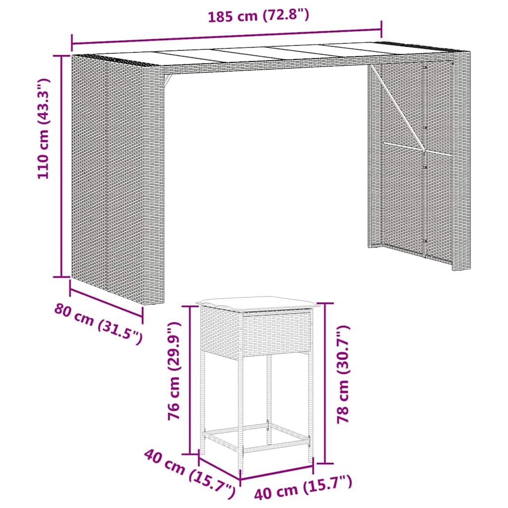 9 részes fekete polyrattan kerti bárszett párnával 8